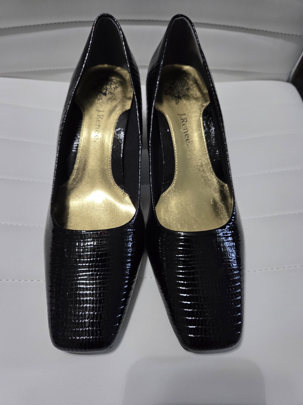 J. Reneé Olivienne Black Lizard-Embossed Square Toe Block Heels